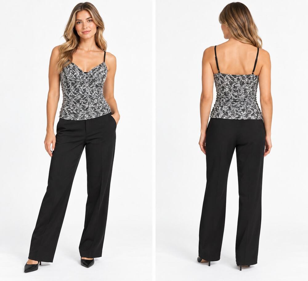 White House Black Market Floral Lace Ruched Cami Tank L Black White Y2K